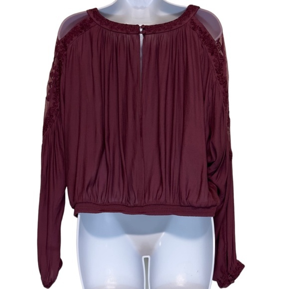 Free People maroon Long‎ Sleeve Purple Embroidered & Mesh Top Size XS - Picture 2 of 15